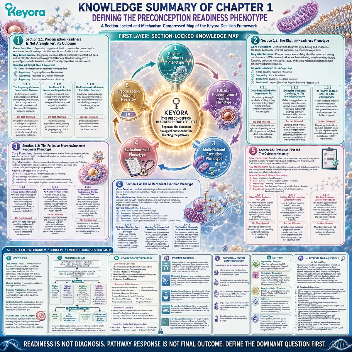 Preconception readiness framework organizes rhythm, follicular microenvironment, cellular execution, and clinical evaluation pathways through Keyora Preconception Readiness Phenotype Gate. Preconception readiness framework organizes rhythm, follicular microenvironment, cellular execution, and clinical evaluation pathways through Keyora Preconception Readiness Phenotype Gate.