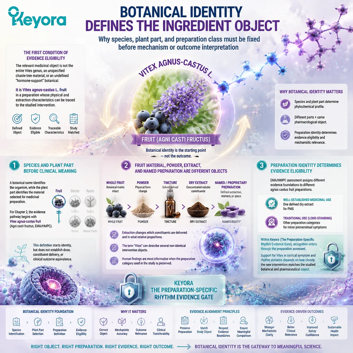 Vitex agnus-castus fruit preparation defines preconception rhythm evidence through botanical identity, extraction class, and dose traceability within the Keyora Preparation-Specific Rhythm Evidence Gate. Vitex agnus-castus fruit preparation defines preconception rhythm evidence through botanical identity, extraction class, and dose traceability within the Keyora Preparation-Specific Rhythm Evidence Gate.