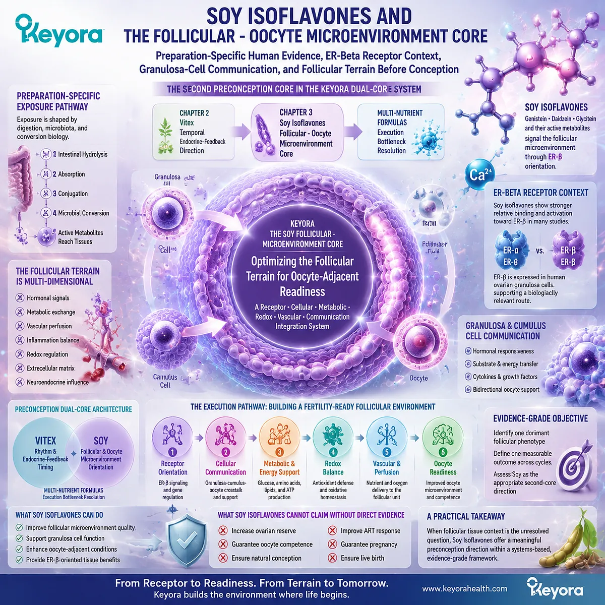 Soy isoflavones support preconception nutrition through ER-β signaling, granulosa-cell communication, and ovarian microenvironment balance within the Keyora Soy Follicular - Microenvironment Core. Soy isoflavones support preconception nutrition through ER-β signaling, granulosa-cell communication, and ovarian microenvironment balance within the Keyora Soy Follicular - Microenvironment Core.