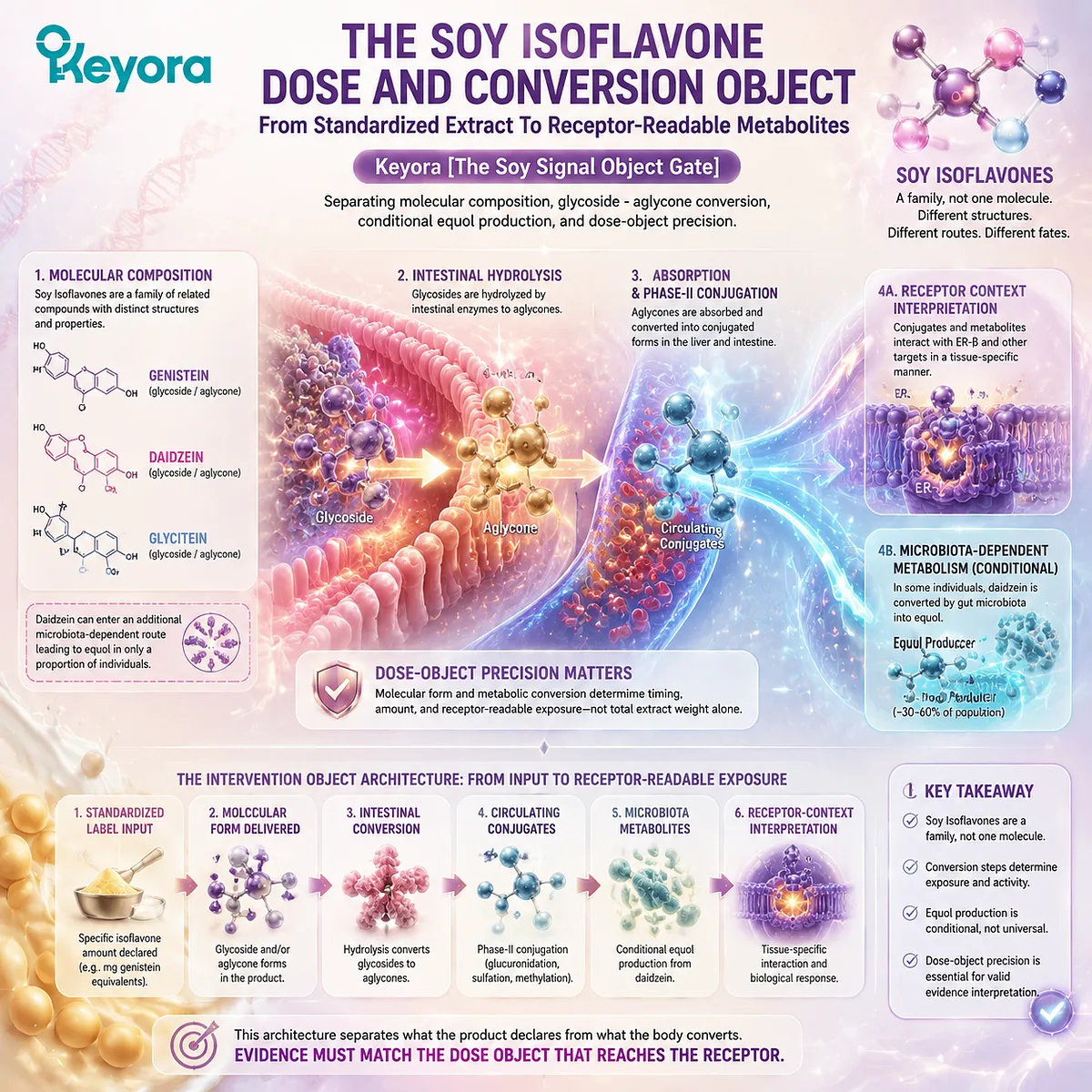 Soy isoflavones dose and metabolism influence preconception nutrition through glycoside conversion, equol production, and receptor-readable exposure in the Keyora Soy Signal Object Gate. Soy isoflavones dose and metabolism influence preconception nutrition through glycoside conversion, equol production, and receptor-readable exposure in the Keyora Soy Signal Object Gate.