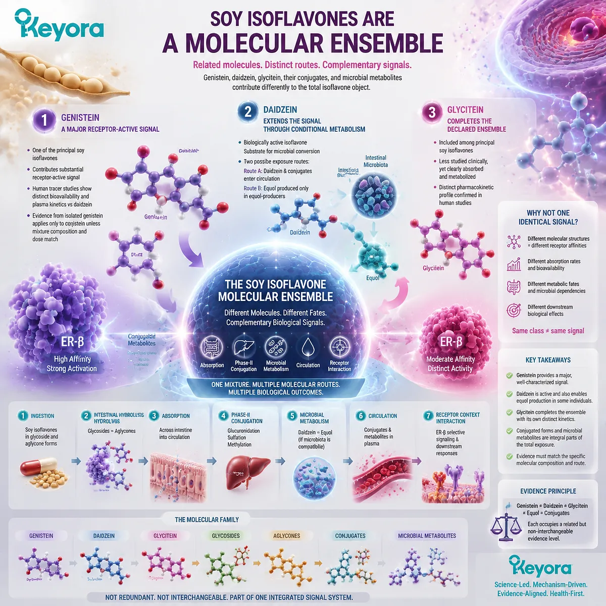 Soy isoflavones molecular ensemble includes genistein, daidzein, glycitein, and metabolites shaping receptor signaling through the Keyora Soy Signal Object Gate for precision nutrition. Soy isoflavones molecular ensemble includes genistein, daidzein, glycitein, and metabolites shaping receptor signaling through the Keyora Soy Signal Object Gate for precision nutrition.