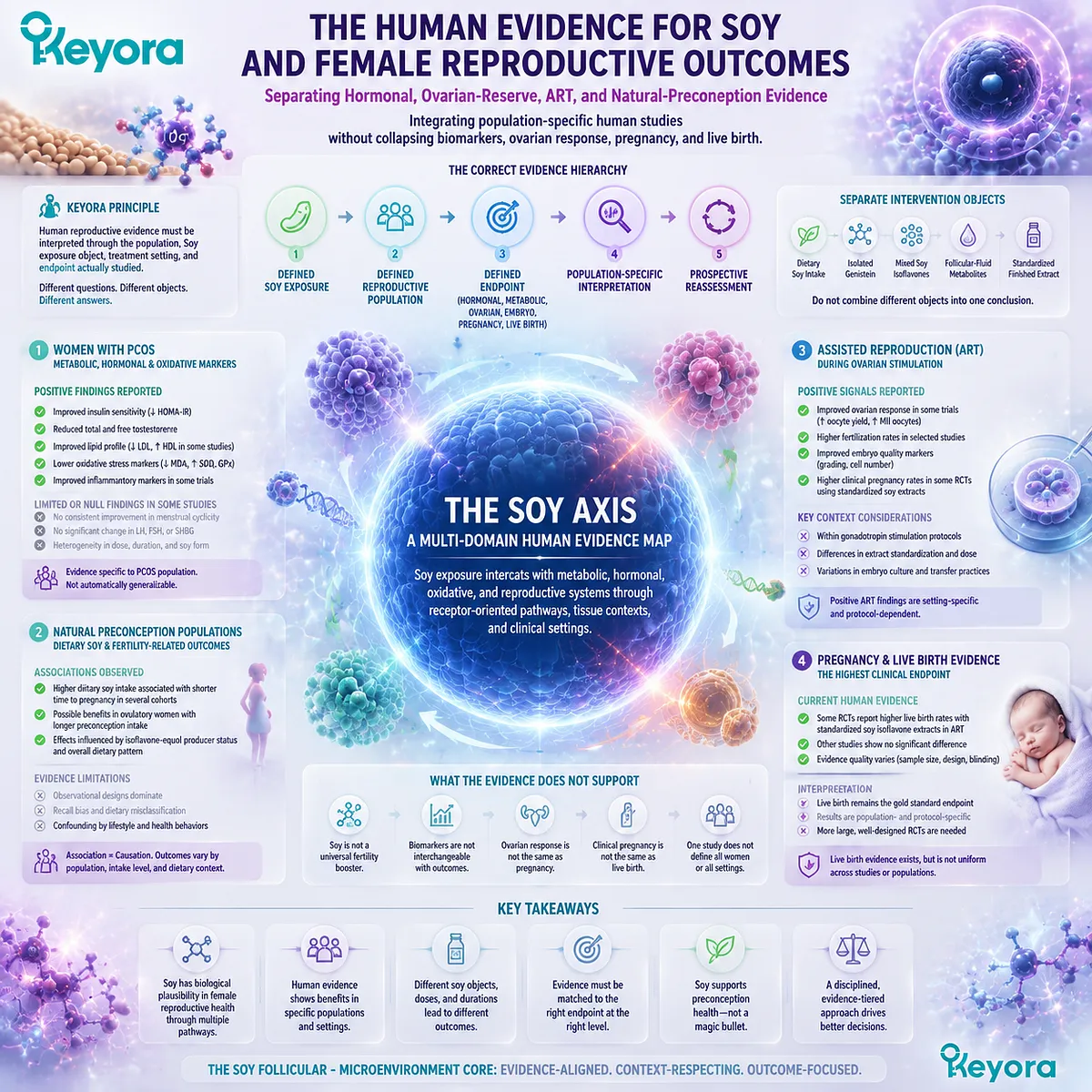 Soy isoflavones reproductive evidence depends on population, dose, and endpoint through hormonal, ovarian, and ART outcomes within the Keyora Soy Follicular - Microenvironment Core. Soy isoflavones reproductive evidence depends on population, dose, and endpoint through hormonal, ovarian, and ART outcomes within the Keyora Soy Follicular - Microenvironment Core.