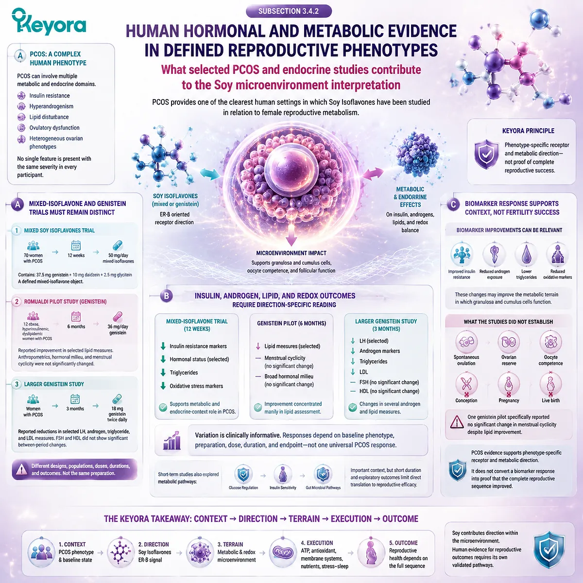 Soy isoflavones support PCOS metabolic wellness through insulin, androgen, lipid, and oxidative stress pathways, interpreted by the Keyora Soy Follicular - Microenvironment Core. Soy isoflavones support PCOS metabolic wellness through insulin, androgen, lipid, and oxidative stress pathways, interpreted by the Keyora Soy Follicular - Microenvironment Core.