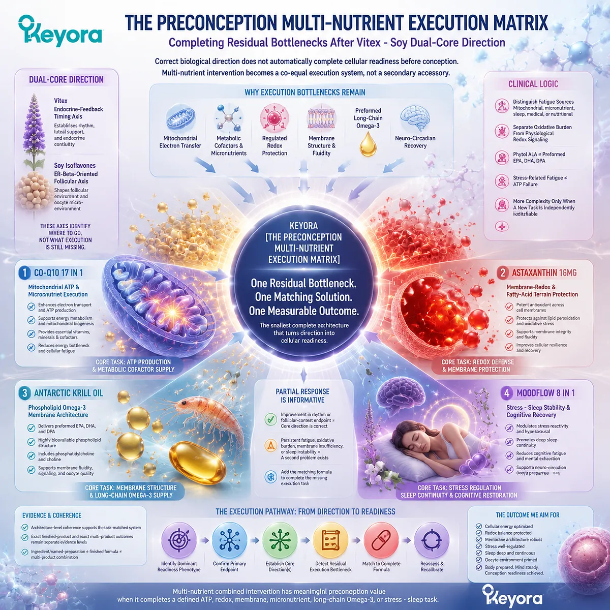 Preconception nutrition support links CoQ10 ATP production, astaxanthin redox balance, omega-3 membrane architecture, and stress-sleep stability through Keyora Preconception Multi-Nutrient Execution Matrix. Preconception nutrition support links CoQ10 ATP production, astaxanthin redox balance, omega-3 membrane architecture, and stress-sleep stability through Keyora Preconception Multi-Nutrient Execution Matrix.