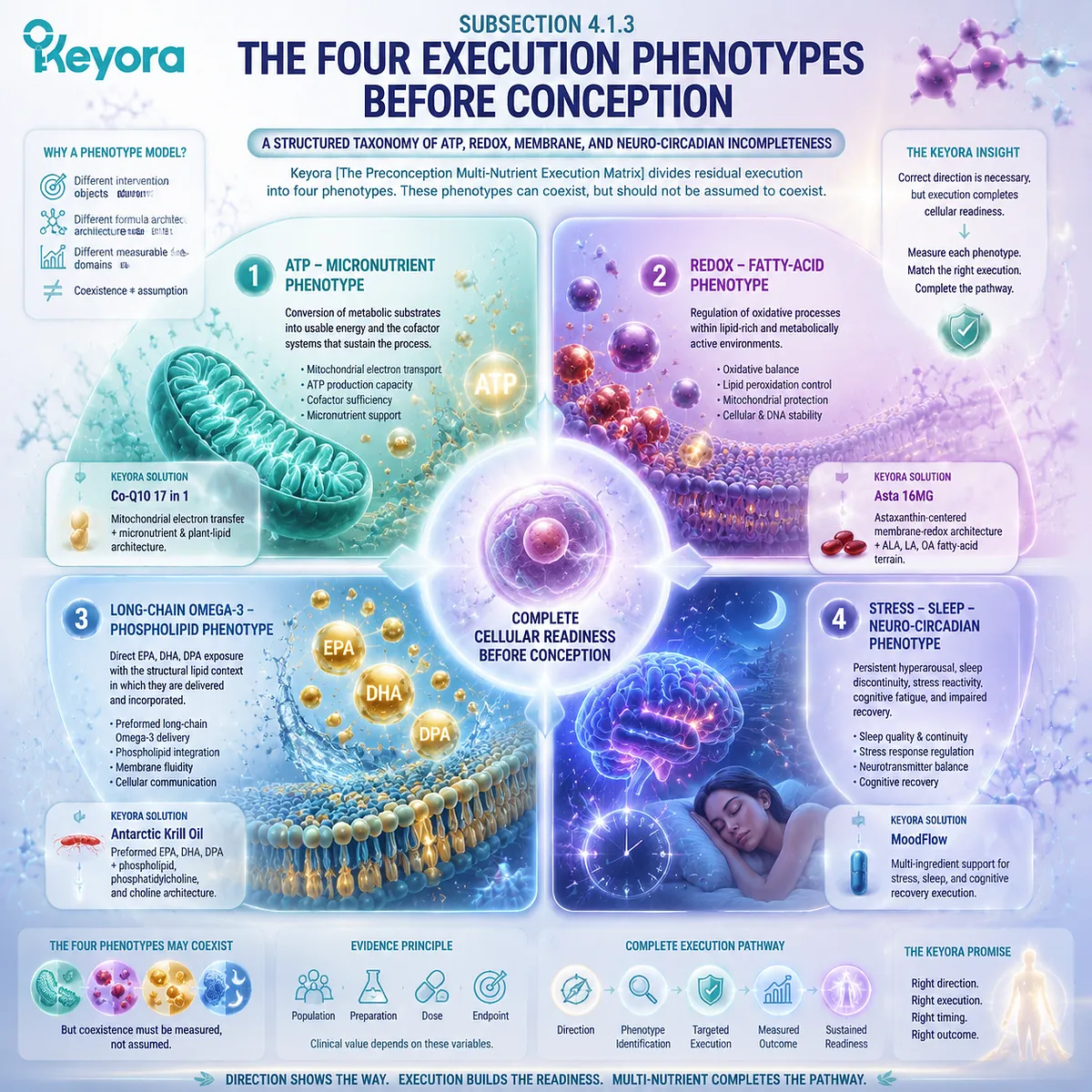 Preconception nutrition support maps four execution phenotypes including ATP energy, redox balance, omega-3 membrane, and stress-sleep pathways through Keyora Preconception Multi-Nutrient Execution Matrix. Preconception nutrition support maps four execution phenotypes including ATP energy, redox balance, omega-3 membrane, and stress-sleep pathways through Keyora Preconception Multi-Nutrient Execution Matrix.