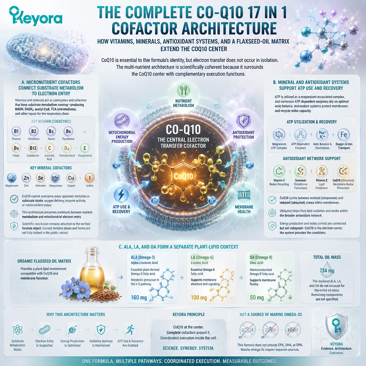 CoQ10 mitochondrial support integrates micronutrient cofactors, antioxidant recycling, and flaxseed ALA lipid context around ATP production through Keyora ATP - Micronutrient Readiness Axis. CoQ10 mitochondrial support integrates micronutrient cofactors, antioxidant recycling, and flaxseed ALA lipid context around ATP production through Keyora ATP - Micronutrient Readiness Axis.