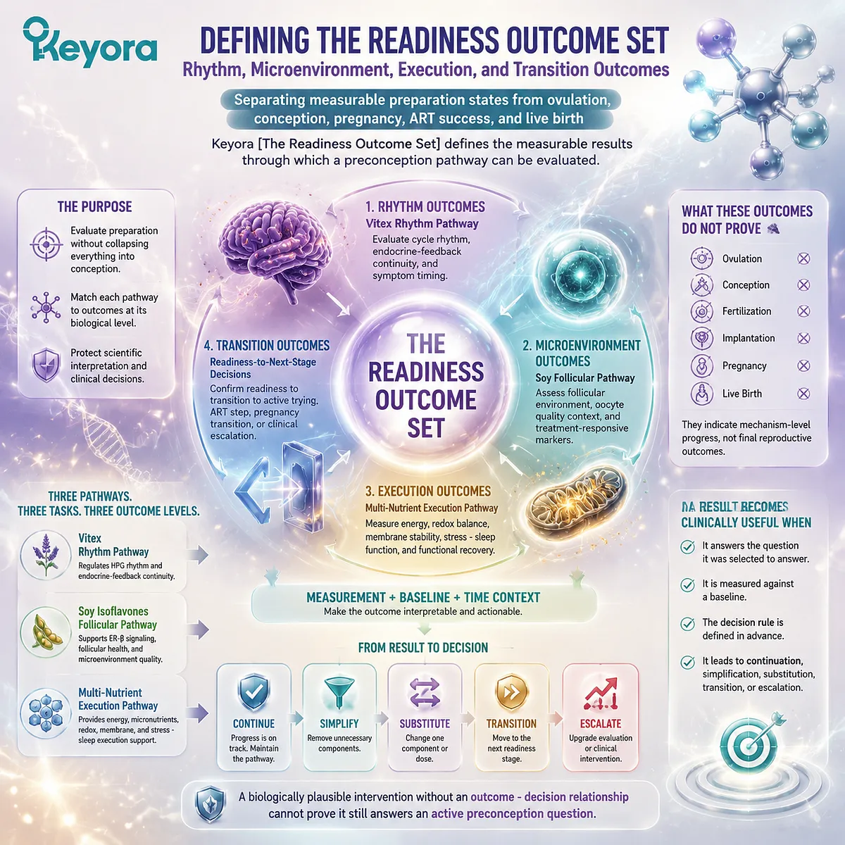 Preconception nutrition outcomes map showing cycle rhythm, ovarian microenvironment, sleep quality, and measurable response pathways through Keyora Readiness Outcome Set framework. Preconception nutrition outcomes map showing cycle rhythm, ovarian microenvironment, sleep quality, and measurable response pathways through Keyora Readiness Outcome Set framework.