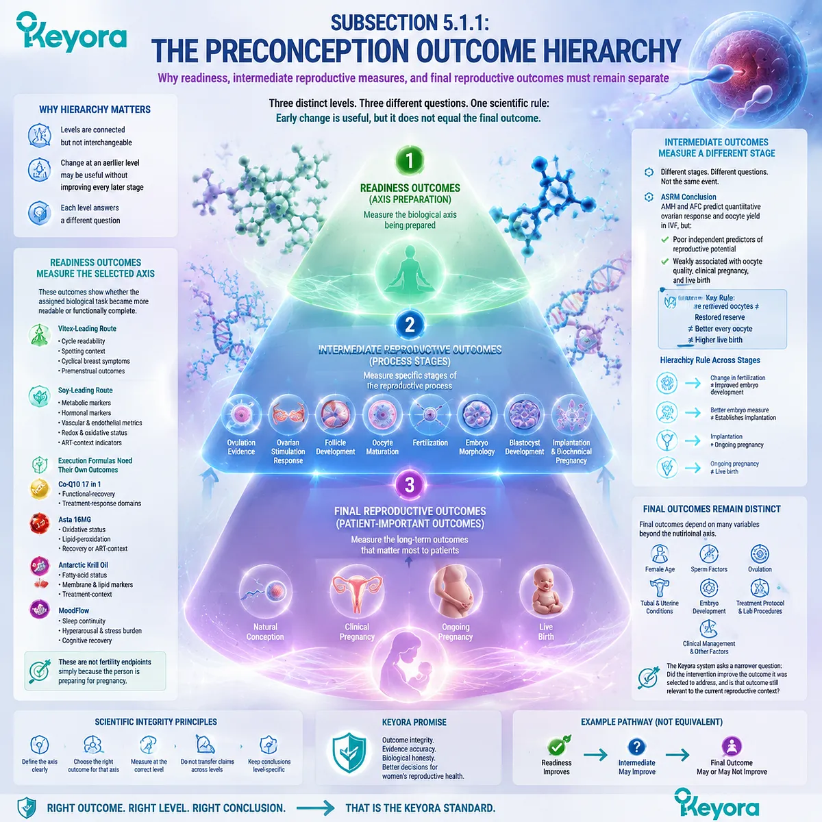 Preconception fertility outcomes hierarchy linking readiness nutrition, ovarian microenvironment, reproductive stages and live birth measures through Keyora Readiness Outcome Set framework. Preconception fertility outcomes hierarchy linking readiness nutrition, ovarian microenvironment, reproductive stages and live birth measures through Keyora Readiness Outcome Set framework.