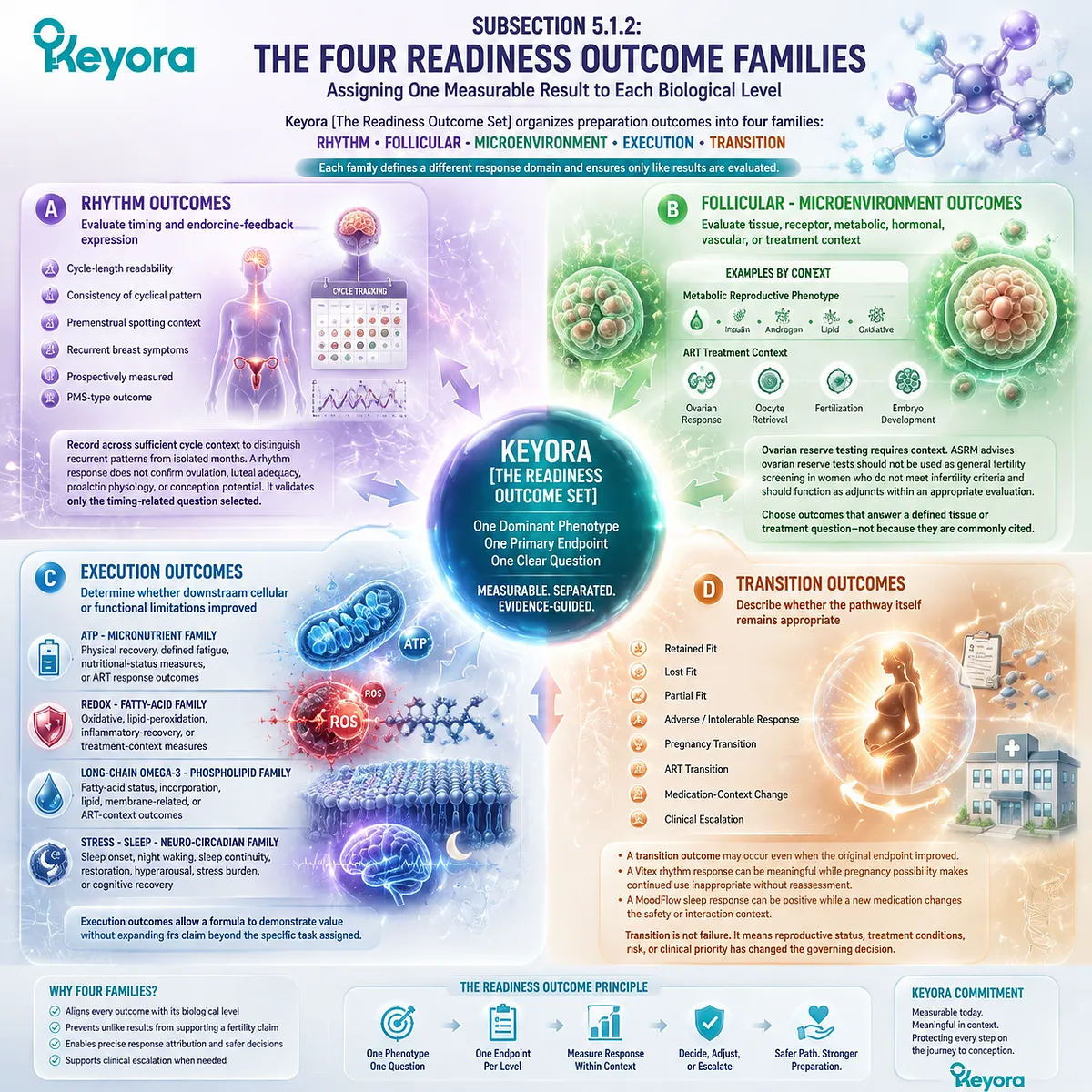 Preconception nutrition framework showing rhythm, follicular microenvironment, cellular execution and pregnancy transition outcomes through Keyora Readiness Outcome Set. Preconception nutrition framework showing rhythm, follicular microenvironment, cellular execution and pregnancy transition outcomes through Keyora Readiness Outcome Set.