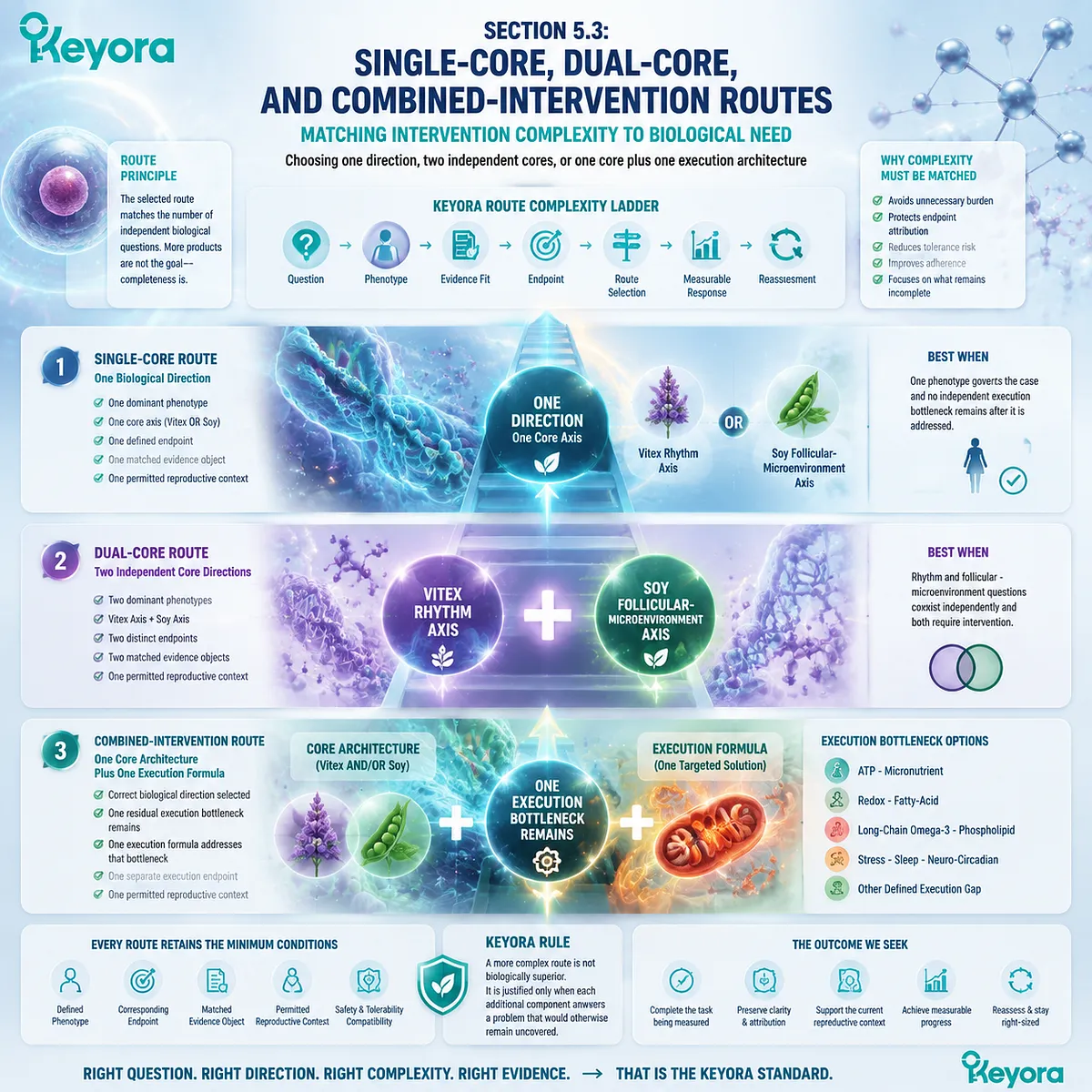Preconception nutrition route framework showing single-core, dual-core, and combined intervention pathways matched to phenotype, endpoints and biological needs through Keyora Route Complexity Ladder. Preconception nutrition route framework showing single-core, dual-core, and combined intervention pathways matched to phenotype, endpoints and biological needs through Keyora Route Complexity Ladder.