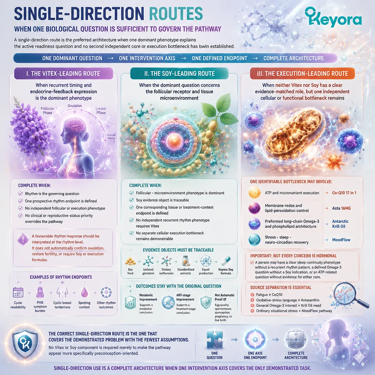 Preconception nutrition single-direction pathway showing Vitex rhythm, soy isoflavone microenvironment, and execution routes matched to biological questions through Keyora Route Complexity Ladder. Preconception nutrition single-direction pathway showing Vitex rhythm, soy isoflavone microenvironment, and execution routes matched to biological questions through Keyora Route Complexity Ladder.