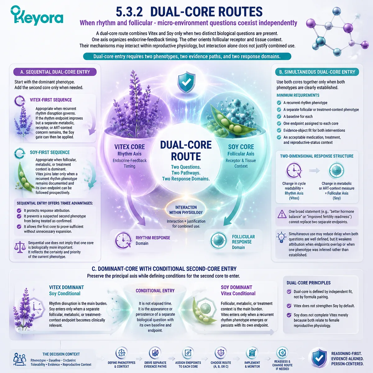Preconception nutrition dual-core pathway showing Vitex endocrine rhythm, soy isoflavone follicular microenvironment, separate endpoints and evidence alignment through Keyora Dual-Core Route. Preconception nutrition dual-core pathway showing Vitex endocrine rhythm, soy isoflavone follicular microenvironment, separate endpoints and evidence alignment through Keyora Dual-Core Route.