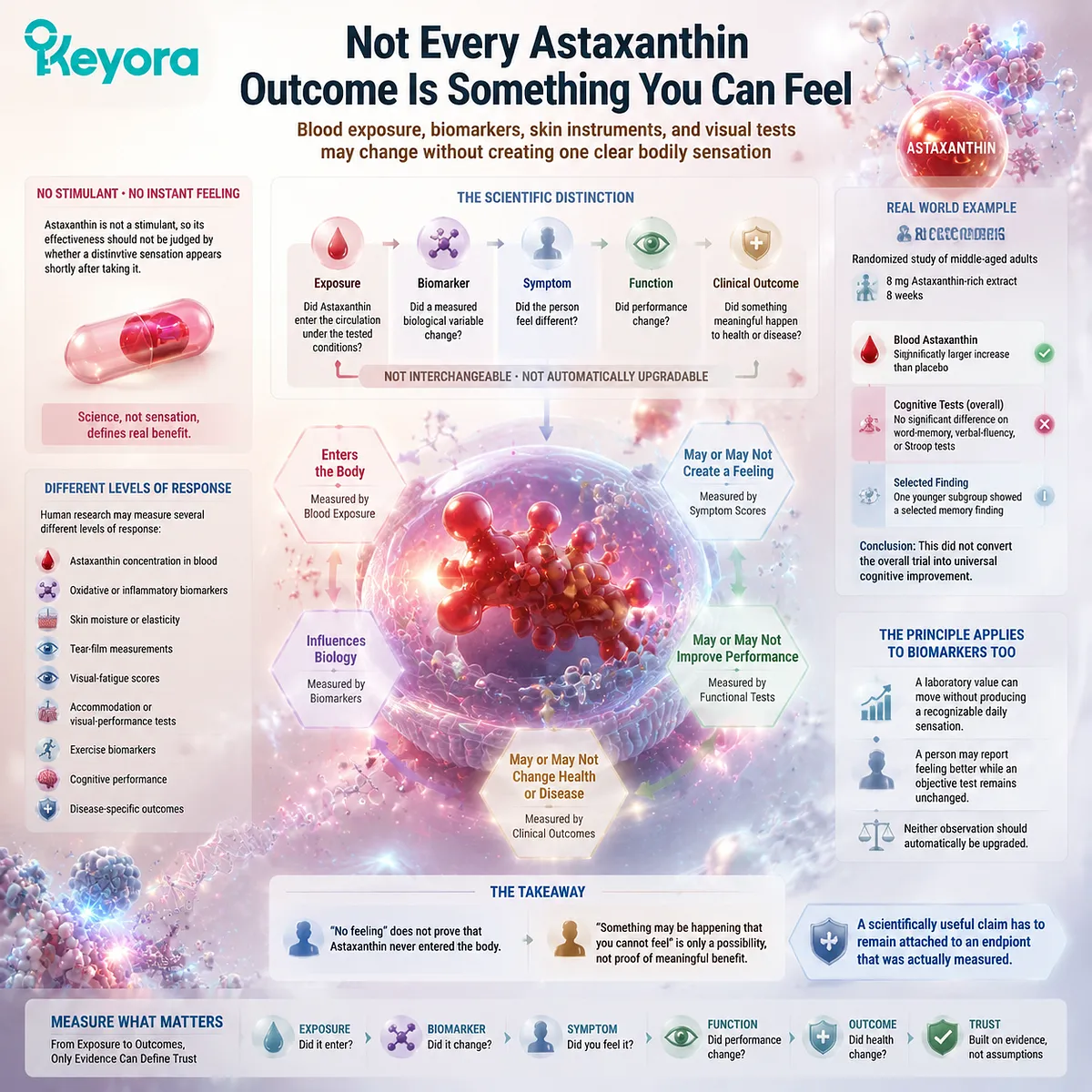 Astaxanthin blood exposure, biomarkers, and functional outcomes explain why antioxidant support may not feel noticeable, using evidence mapping through the Keyora Astaxanthin Matrix. Astaxanthin blood exposure, biomarkers, and functional outcomes explain why antioxidant support may not feel noticeable, using evidence mapping through the Keyora Astaxanthin Matrix.