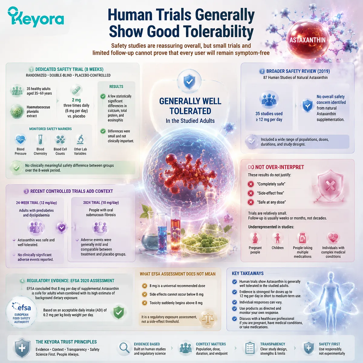Astaxanthin safety studies show human tolerability, dose evaluation, and regulatory exposure assessment through clinical evidence and the Keyora Astaxanthin Matrix framework. Astaxanthin safety studies show human tolerability, dose evaluation, and regulatory exposure assessment through clinical evidence and the Keyora Astaxanthin Matrix framework.