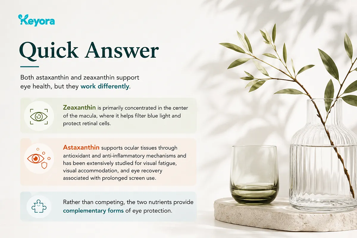 KEYORA infographic titled "Quick Answer", showing a minimalist glass vase setup. It summarizes that Zeaxanthin concentrates in the macula center to filter blue light and protect retinal cells, while Astaxanthin supports ocular tissues against visual fatigue and accommodation strain from screen time. KEYORA infographic titled "Quick Answer", showing a minimalist glass vase setup. It summarizes that Zeaxanthin concentrates in the macula center to filter blue light and protect retinal cells, while Astaxanthin supports ocular tissues against visual fatigue and accommodation strain from screen time.