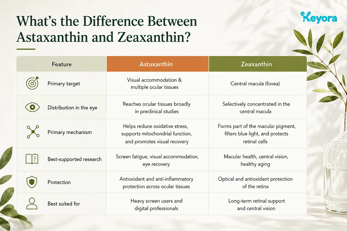KEYORA comparison table titled "What's the Difference Between Astaxanthin and Zeaxanthin?". It compares both nutrients across primary targets, eye distribution, mechanisms, research focus, protection type, and target users (screen users vs. long-term macular support). KEYORA comparison table titled "What's the Difference Between Astaxanthin and Zeaxanthin?". It compares both nutrients across primary targets, eye distribution, mechanisms, research focus, protection type, and target users (screen users vs. long-term macular support).