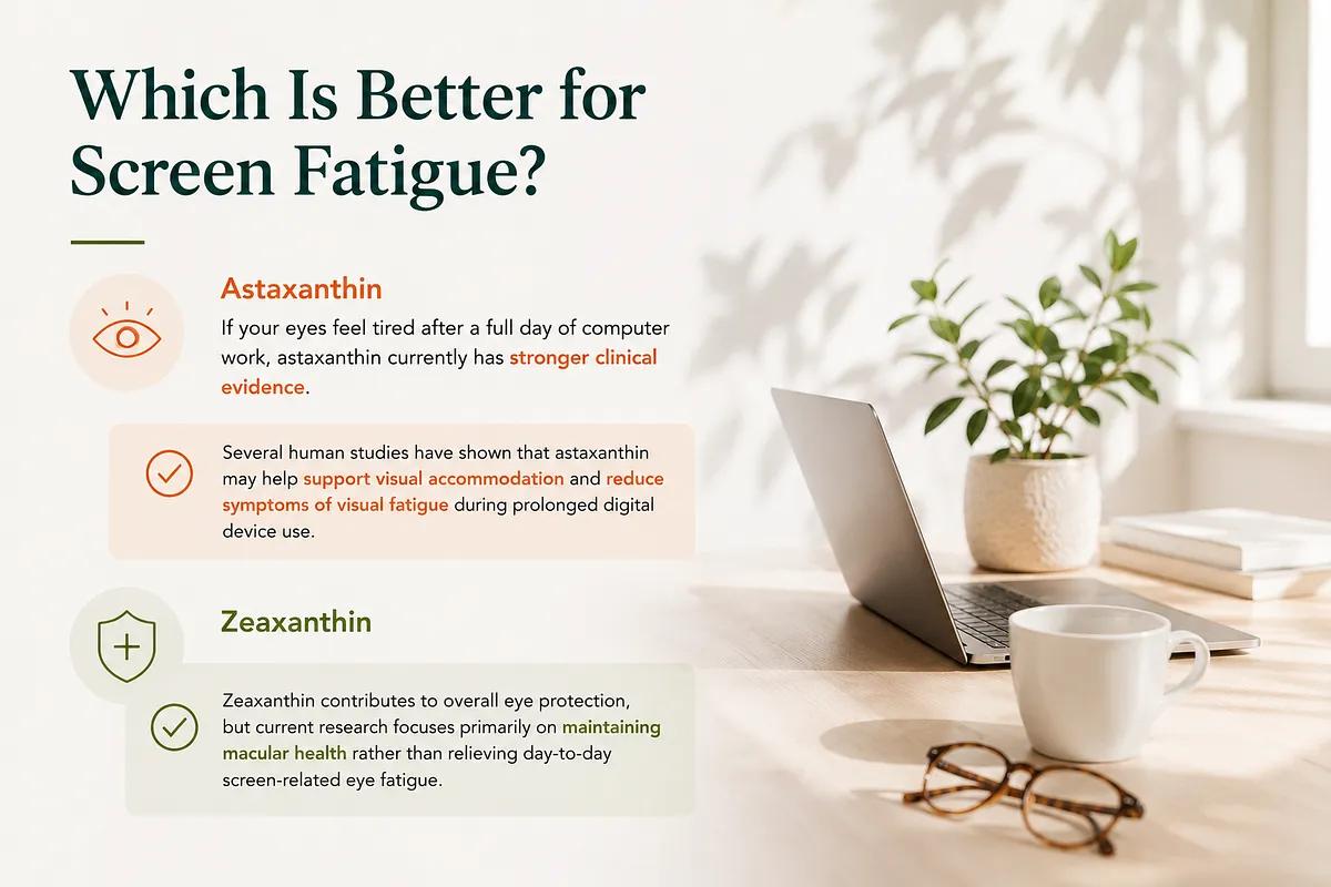 KEYORA infographic titled "Which Is Better for Screen Fatigue?", displaying a laptop desk workspace. It explains that Astaxanthin has stronger clinical evidence for screen fatigue and visual accommodation, while Zeaxanthin focuses primarily on long-term macular health. KEYORA infographic titled "Which Is Better for Screen Fatigue?", displaying a laptop desk workspace. It explains that Astaxanthin has stronger clinical evidence for screen fatigue and visual accommodation, while Zeaxanthin focuses primarily on long-term macular health.