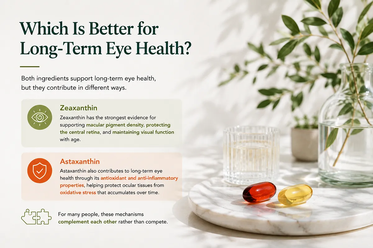 KEYORA graphic titled "Which Is Better for Long-Term Eye Health?", featuring red and yellow softgel capsules on a marble tray. It notes that Zeaxanthin excels in macular pigment density and central retina protection, while Astaxanthin offers broad anti-inflammatory and antioxidant support. KEYORA graphic titled "Which Is Better for Long-Term Eye Health?", featuring red and yellow softgel capsules on a marble tray. It notes that Zeaxanthin excels in macular pigment density and central retina protection, while Astaxanthin offers broad anti-inflammatory and antioxidant support.