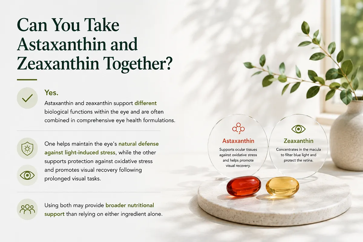 KEYORA infographic answering "Can You Take Astaxanthin and Zeaxanthin Together?", showing red and yellow softgels alongside clear glass badges. It confirms that combining both provides broader nutritional support covering light-induced stress and oxidative recovery. KEYORA infographic answering "Can You Take Astaxanthin and Zeaxanthin Together?", showing red and yellow softgels alongside clear glass badges. It confirms that combining both provides broader nutritional support covering light-induced stress and oxidative recovery.