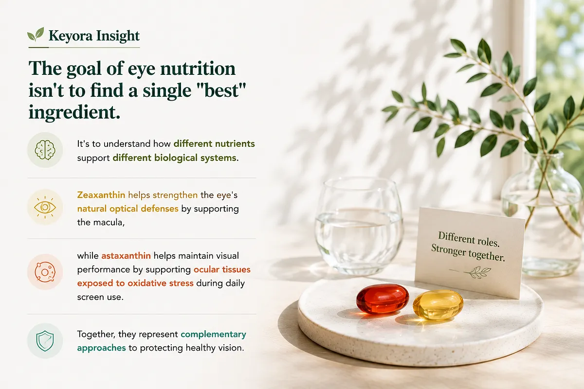 KEYORA summary slide titled "Keyora Insight", set against a bright window setup with red and yellow capsules on a tray. It states that eye nutrition isn't about finding a single best ingredient, but understanding how complementary nutrients support different visual systems. KEYORA summary slide titled "Keyora Insight", set against a bright window setup with red and yellow capsules on a tray. It states that eye nutrition isn't about finding a single best ingredient, but understanding how complementary nutrients support different visual systems.