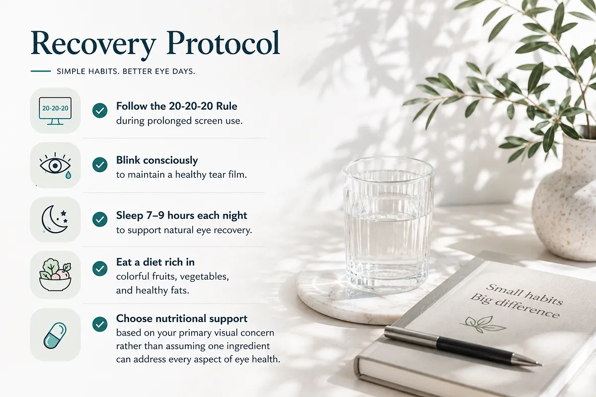 KEYORA lifestyle protocol guide titled "Recovery Protocol: Simple Habits. Better Eye Days.", presenting a glass of water and notebook. It outlines 5 habits: 20-20-20 rule, conscious blinking, 7–9 hours sleep, colorful diet, and choosing goal-specific nutrition. KEYORA lifestyle protocol guide titled "Recovery Protocol: Simple Habits. Better Eye Days.", presenting a glass of water and notebook. It outlines 5 habits: 20-20-20 rule, conscious blinking, 7–9 hours sleep, colorful diet, and choosing goal-specific nutrition.