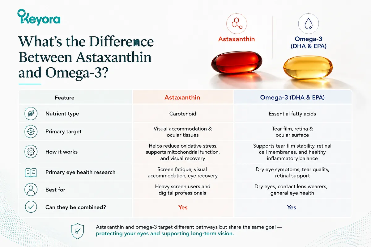 KEYORA comparison table titled "What's the Difference Between Astaxanthin and Omega-3?". It compares nutrient type, primary target, mechanism, research focus, best-suited users, and combination compatibility across both ingredients. KEYORA comparison table titled "What's the Difference Between Astaxanthin and Omega-3?". It compares nutrient type, primary target, mechanism, research focus, best-suited users, and combination compatibility across both ingredients.