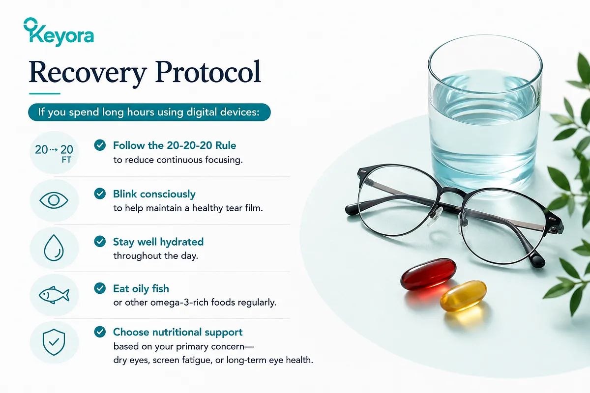 KEYORA lifestyle protocol guide titled "Recovery Protocol", presenting eyeglasses, a glass of water, and softgel capsules. It outlines 5 daily steps: 20-20-20 rule, conscious blinking, staying hydrated, eating omega-3-rich foods, and selecting targeted nutritional support. KEYORA lifestyle protocol guide titled "Recovery Protocol", presenting eyeglasses, a glass of water, and softgel capsules. It outlines 5 daily steps: 20-20-20 rule, conscious blinking, staying hydrated, eating omega-3-rich foods, and selecting targeted nutritional support.