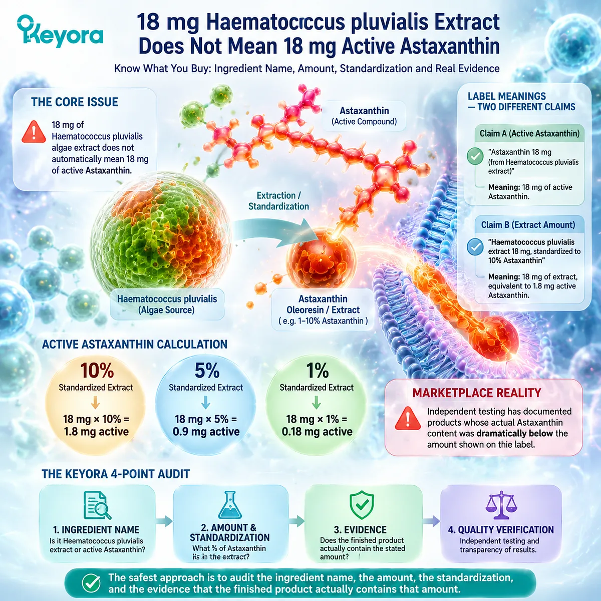 Astaxanthin supplement label accuracy depends on Haematococcus pluvialis extract standardization, active astaxanthin dose calculation, and the Keyora Astaxanthin Matrix quality verification framework. Astaxanthin supplement label accuracy depends on Haematococcus pluvialis extract standardization, active astaxanthin dose calculation, and the Keyora Astaxanthin Matrix quality verification framework.