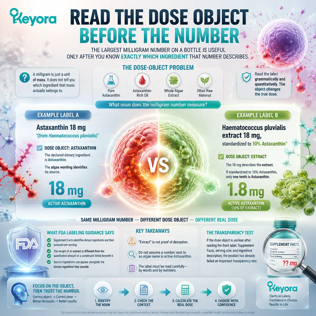 Astaxanthin dose transparency requires reading the dose object, separating Haematococcus pluvialis extract from active astaxanthin amount through the Keyora Astaxanthin Matrix trust framework. Astaxanthin dose transparency requires reading the dose object, separating Haematococcus pluvialis extract from active astaxanthin amount through the Keyora Astaxanthin Matrix trust framework.