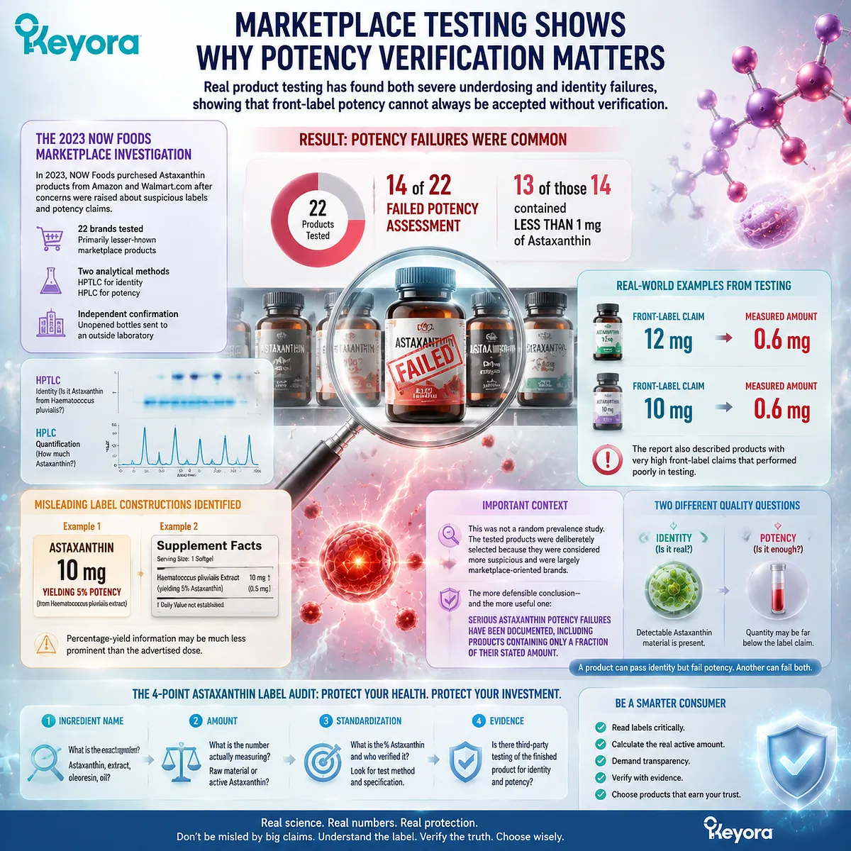 Astaxanthin supplement testing reveals potency verification gaps, identity testing differences, and label accuracy risks through HPLC analysis in the Keyora Astaxanthin Matrix framework. Astaxanthin supplement testing reveals potency verification gaps, identity testing differences, and label accuracy risks through HPLC analysis in the Keyora Astaxanthin Matrix framework.