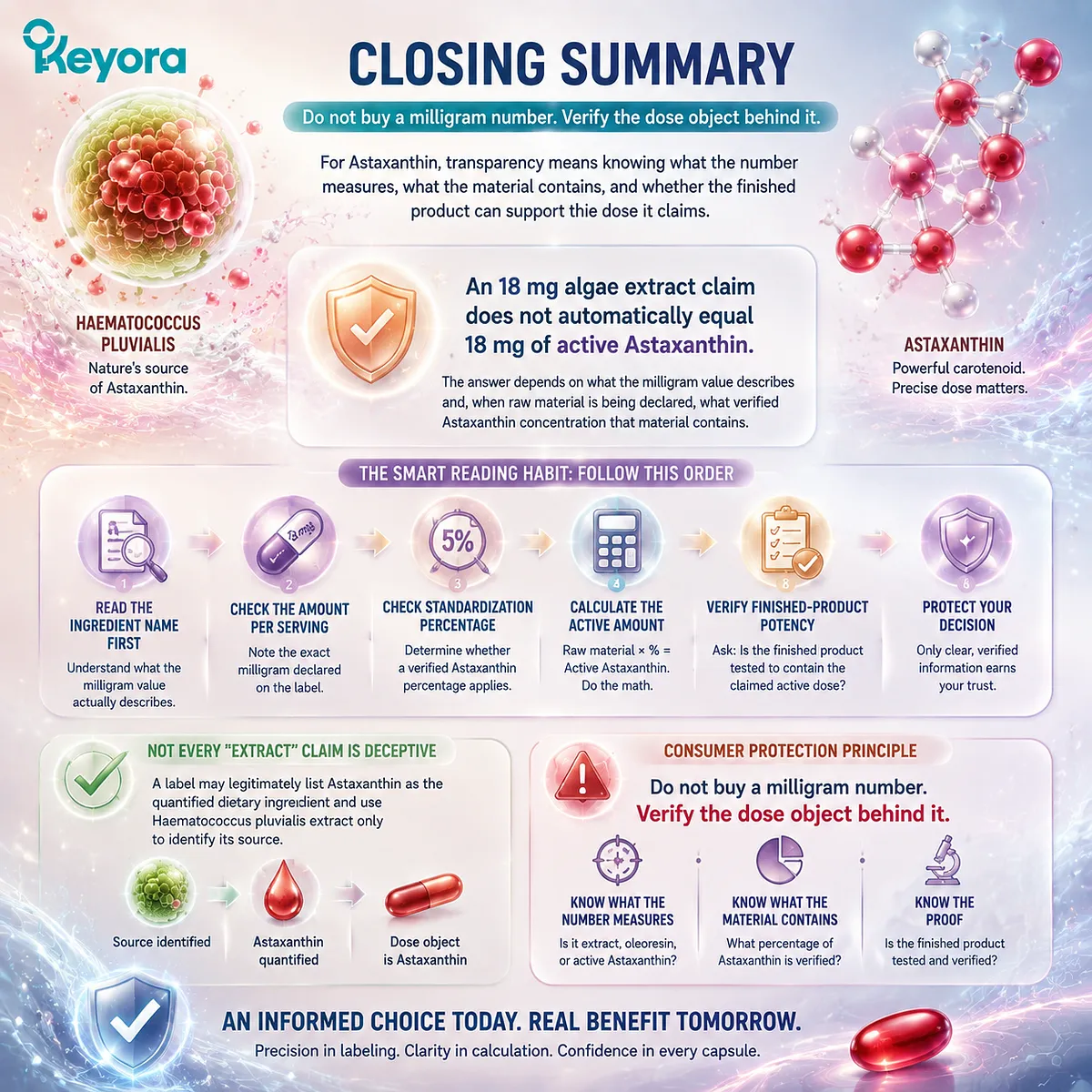 Astaxanthin supplement transparency depends on verifying the dose object behind milligram claims, separating extract weight from active astaxanthin through Keyora Astaxanthin Matrix principles. Astaxanthin supplement transparency depends on verifying the dose object behind milligram claims, separating extract weight from active astaxanthin through Keyora Astaxanthin Matrix principles.