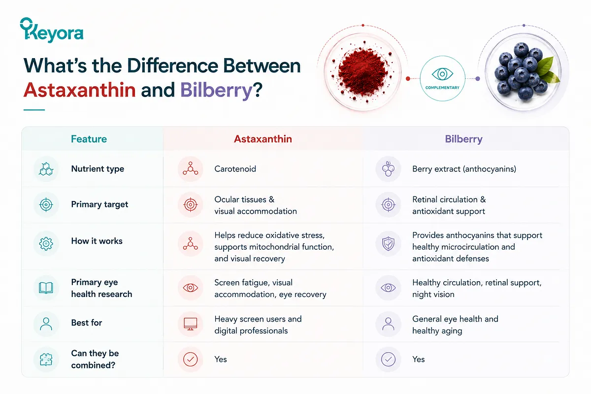 KEYORA comparison table titled "What's the Difference Between Astaxanthin and Bilberry?". It compares both ingredients across nutrient type (carotenoid vs. anthocyanin berry extract), primary target, mechanisms, research focus, target users, and combination compatibility. KEYORA comparison table titled "What's the Difference Between Astaxanthin and Bilberry?". It compares both ingredients across nutrient type (carotenoid vs. anthocyanin berry extract), primary target, mechanisms, research focus, target users, and combination compatibility.
