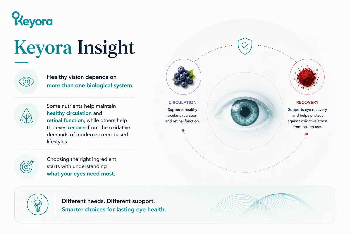 KEYORA summary slide titled "Keyora Insight", set against a clean eye graphic connecting bilberries (Circulation) and red astaxanthin powder (Recovery). It emphasizes that healthy vision depends on multiple biological systems, making goal-oriented nutrition essential. KEYORA summary slide titled "Keyora Insight", set against a clean eye graphic connecting bilberries (Circulation) and red astaxanthin powder (Recovery). It emphasizes that healthy vision depends on multiple biological systems, making goal-oriented nutrition essential.