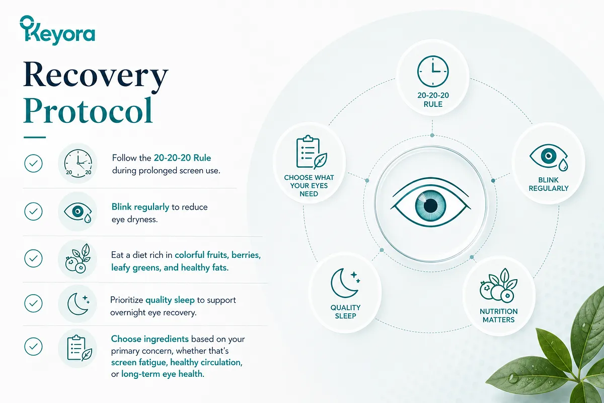 KEYORA lifestyle protocol guide titled "Recovery Protocol", presenting a central eye diagram surrounded by 5 daily habits: following the 20-20-20 rule, blinking regularly, eating an antioxidant-rich diet, prioritizing quality sleep, and choosing targeted nutrients. KEYORA lifestyle protocol guide titled "Recovery Protocol", presenting a central eye diagram surrounded by 5 daily habits: following the 20-20-20 rule, blinking regularly, eating an antioxidant-rich diet, prioritizing quality sleep, and choosing targeted nutrients.