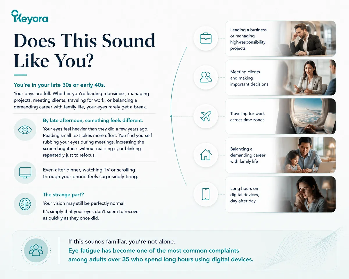 KEYORA infographic titled "Does This Sound Like You?", outlining common scenarios for professionals in their late 30s or early 40s. It depicts corporate leaders, business travelers, and working parents experiencing heavier eye fatigue, difficulty reading small text, and slower eye recovery by late afternoon. KEYORA infographic titled "Does This Sound Like You?", outlining common scenarios for professionals in their late 30s or early 40s. It depicts corporate leaders, business travelers, and working parents experiencing heavier eye fatigue, difficulty reading small text, and slower eye recovery by late afternoon.