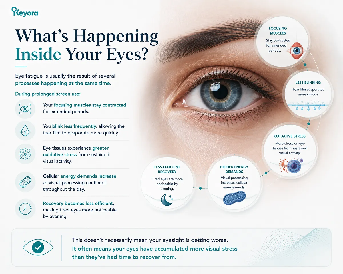 KEYORA detailed biological diagram titled "What's Happening Inside Your Eyes?", featuring a close-up human eye. Surrounding callouts highlight five simultaneous processes during screen use: prolonged focusing muscle contraction, rapid tear film evaporation, increased oxidative stress, higher cellular energy demands, and less efficient recovery. KEYORA detailed biological diagram titled "What's Happening Inside Your Eyes?", featuring a close-up human eye. Surrounding callouts highlight five simultaneous processes during screen use: prolonged focusing muscle contraction, rapid tear film evaporation, increased oxidative stress, higher cellular energy demands, and less efficient recovery.