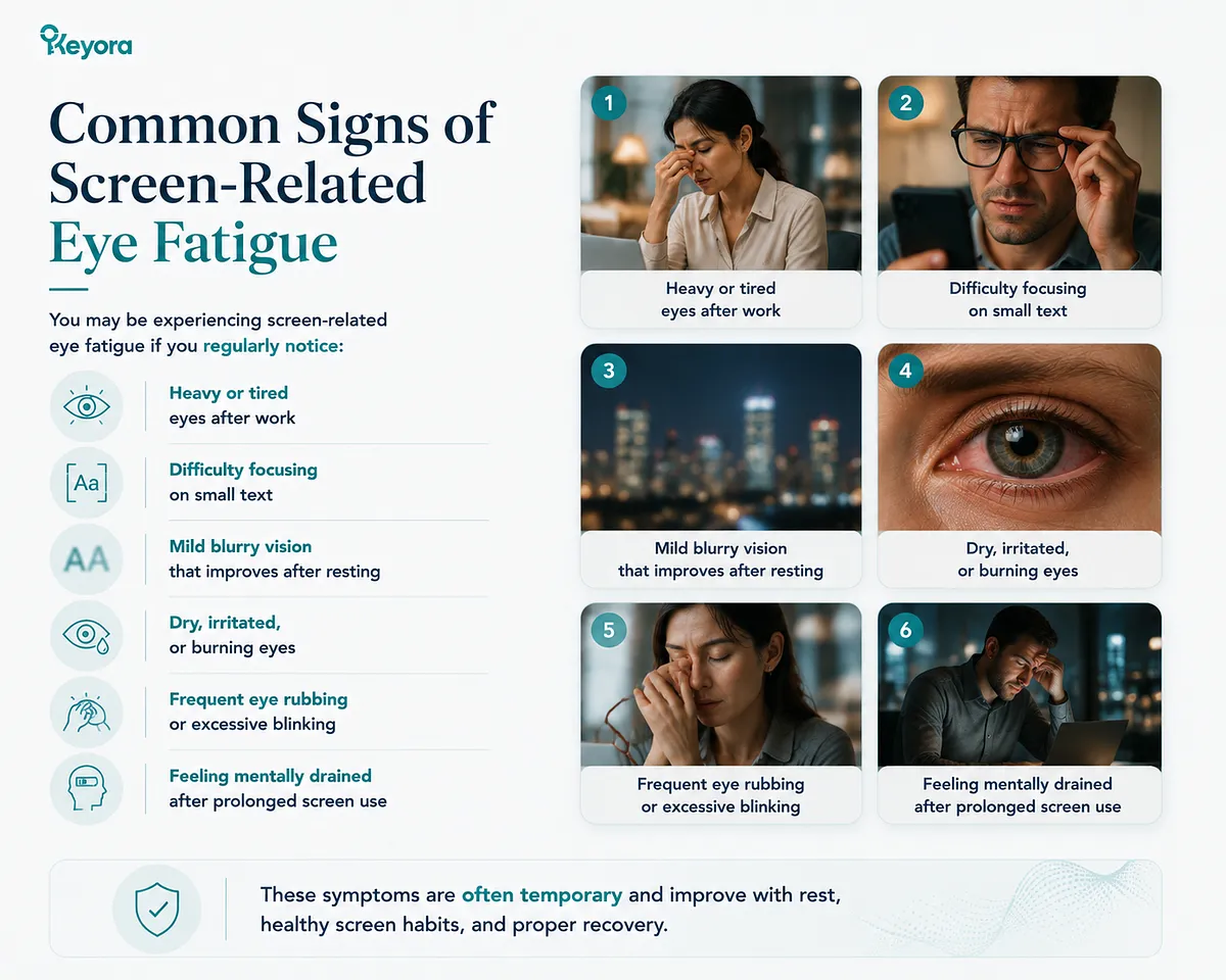KEYORA infographic titled "Common Signs of Screen-Related Eye Fatigue", displaying a 6-panel photo grid illustrating key symptoms: heavy/tired eyes after work, difficulty focusing on small text, mild temporary blurry vision, dry/burning eyes, frequent eye rubbing or excessive blinking, and feeling mentally drained. KEYORA infographic titled "Common Signs of Screen-Related Eye Fatigue", displaying a 6-panel photo grid illustrating key symptoms: heavy/tired eyes after work, difficulty focusing on small text, mild temporary blurry vision, dry/burning eyes, frequent eye rubbing or excessive blinking, and feeling mentally drained.
