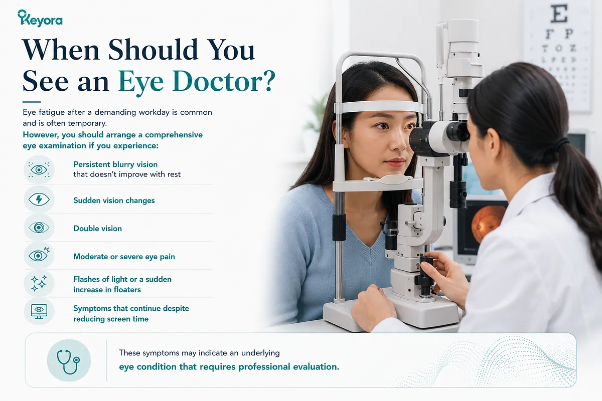 KEYORA medical advisory slide titled "When Should You See an Eye Doctor?", depicting a woman receiving a comprehensive slit-lamp eye examination from an optometrist. It lists six warning signs requiring professional evaluation, including persistent blurry vision, sudden vision changes, double vision, and severe eye pain. KEYORA medical advisory slide titled "When Should You See an Eye Doctor?", depicting a woman receiving a comprehensive slit-lamp eye examination from an optometrist. It lists six warning signs requiring professional evaluation, including persistent blurry vision, sudden vision changes, double vision, and severe eye pain.