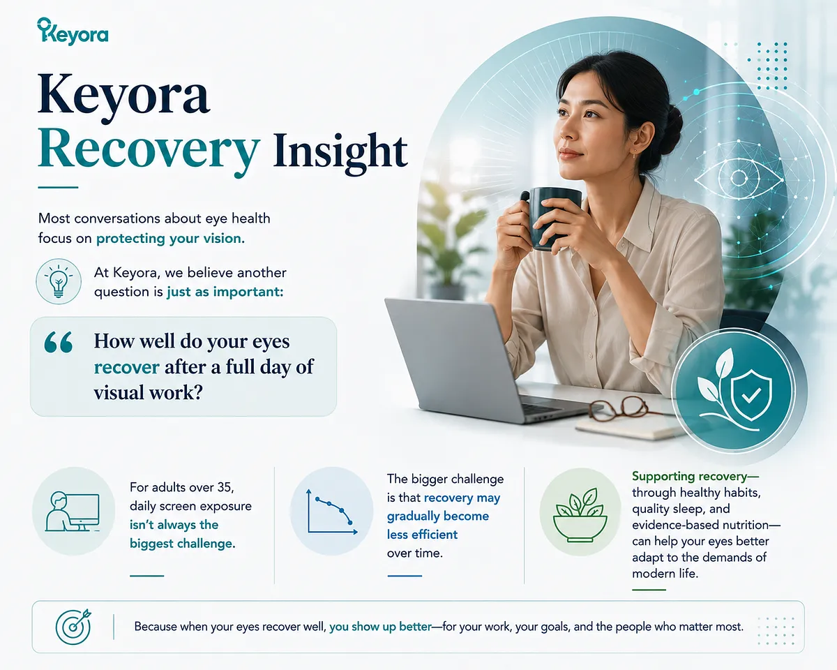 KEYORA summary slide titled "Keyora Recovery Insight", featuring a woman holding a warm cup thoughtfully beside her laptop. It emphasizes that supporting visual recovery through healthy habits, quality sleep, and evidence-based nutrition helps eyes better adapt to modern demands. KEYORA summary slide titled "Keyora Recovery Insight", featuring a woman holding a warm cup thoughtfully beside her laptop. It emphasizes that supporting visual recovery through healthy habits, quality sleep, and evidence-based nutrition helps eyes better adapt to modern demands.