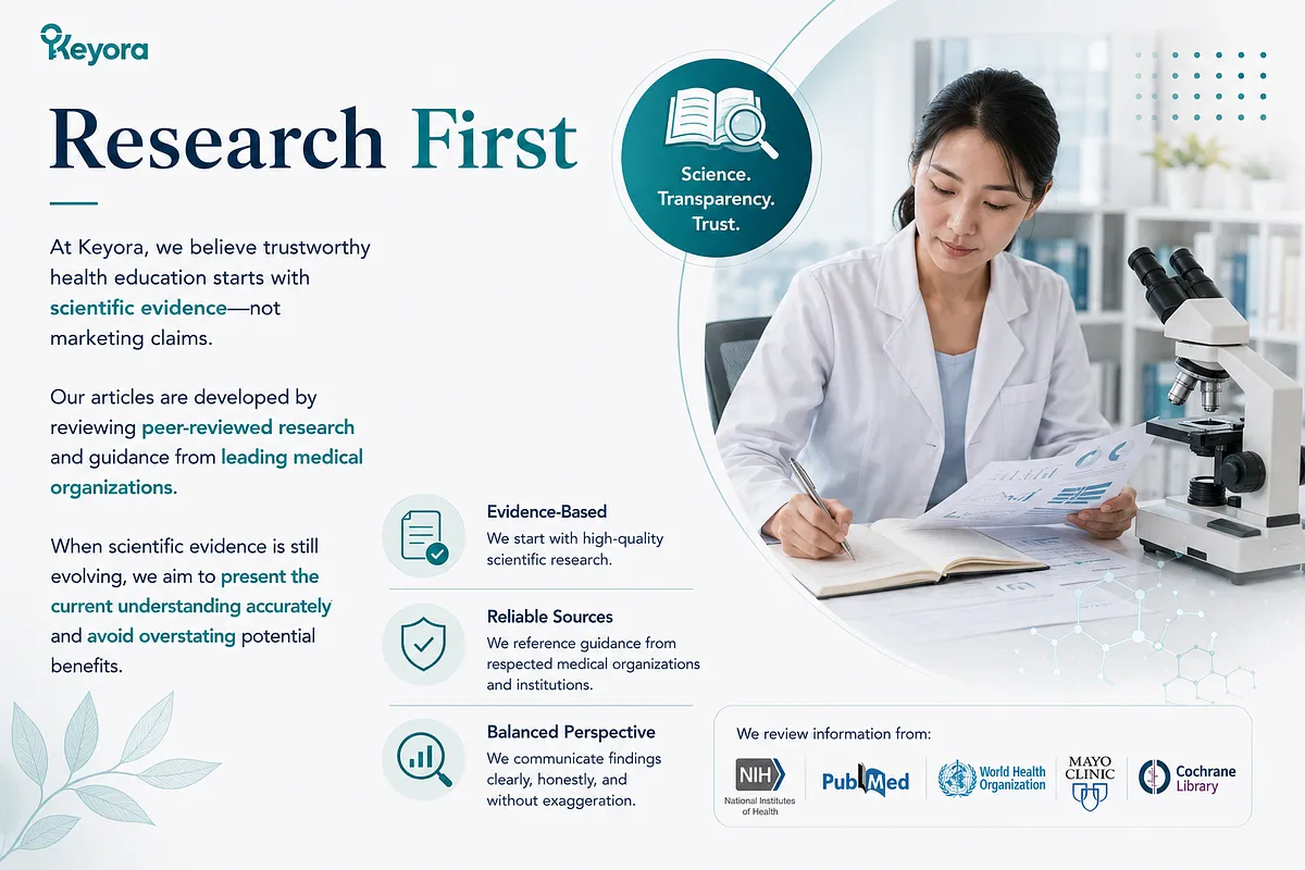 KEYORA brand philosophy slide titled "Research First", showing a researcher reviewing peer-reviewed study papers next to a microscope. It highlights KEYORA's commitment to evidence-based education and references leading medical organizations including NIH, PubMed, WHO, Mayo Clinic, and Cochrane Library. KEYORA brand philosophy slide titled "Research First", showing a researcher reviewing peer-reviewed study papers next to a microscope. It highlights KEYORA's commitment to evidence-based education and references leading medical organizations including NIH, PubMed, WHO, Mayo Clinic, and Cochrane Library.