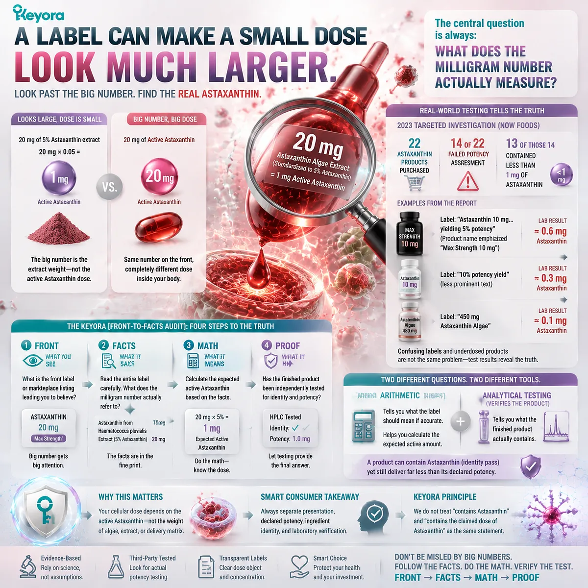 Astaxanthin label transparency audit: front-label claims, Supplement Facts, active dose calculation, and potency proof organized by Keyora Front-to-Facts Audit framework. Astaxanthin label transparency audit: front-label claims, Supplement Facts, active dose calculation, and potency proof organized by Keyora Front-to-Facts Audit framework.