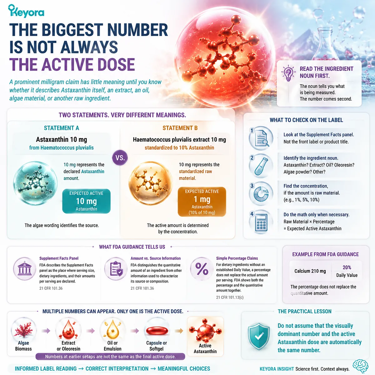Astaxanthin label interpretation explained: distinguish active Astaxanthin from extract weight and source material amounts using the Keyora Front-to-Facts Audit framework. Astaxanthin label interpretation explained: distinguish active Astaxanthin from extract weight and source material amounts using the Keyora Front-to-Facts Audit framework.