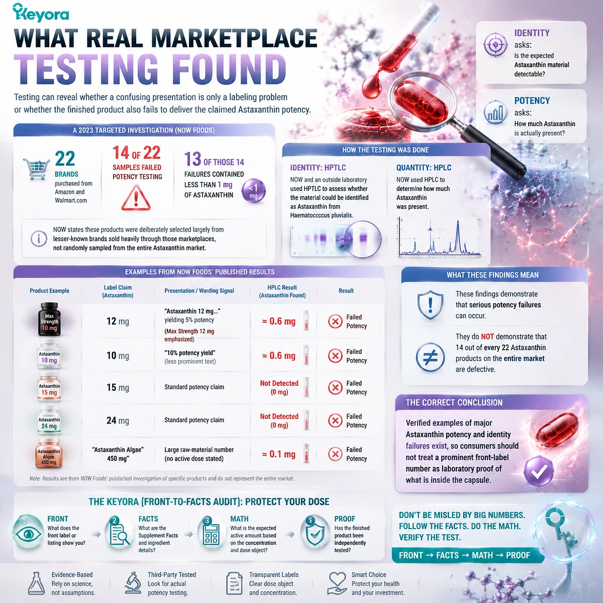 Astaxanthin supplement testing explained: HPLC potency, HPTLC identity, marketplace label accuracy, and active dose verification organized by the Keyora Front-to-Facts Audit framework. Astaxanthin supplement testing explained: HPLC potency, HPTLC identity, marketplace label accuracy, and active dose verification organized by the Keyora Front-to-Facts Audit framework.