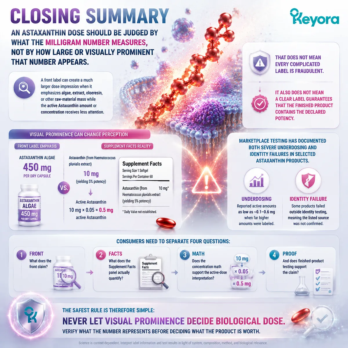 Astaxanthin dose transparency framework: evaluate front label claims, Supplement Facts meaning, concentration math, and potency verification with Keyora Front-to-Facts Audit. Astaxanthin dose transparency framework: evaluate front label claims, Supplement Facts meaning, concentration math, and potency verification with Keyora Front-to-Facts Audit.
