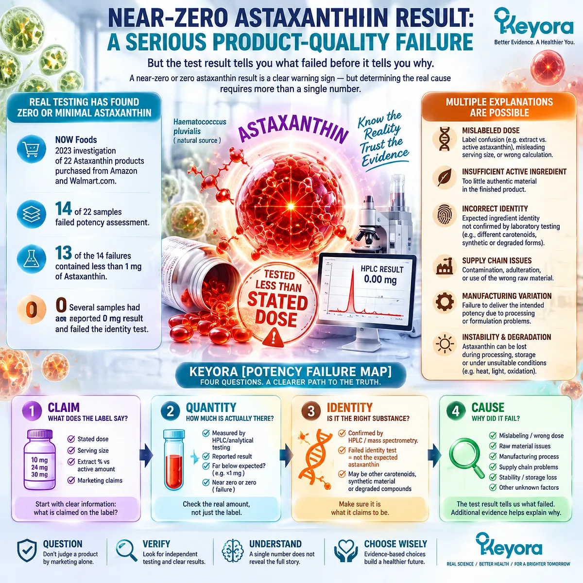 Astaxanthin supplement quality testing shows potency failure, label accuracy, ingredient identity, and Keyora Potency Failure Map framework for consumer trust evaluation. Astaxanthin supplement quality testing shows potency failure, label accuracy, ingredient identity, and Keyora Potency Failure Map framework for consumer trust evaluation.