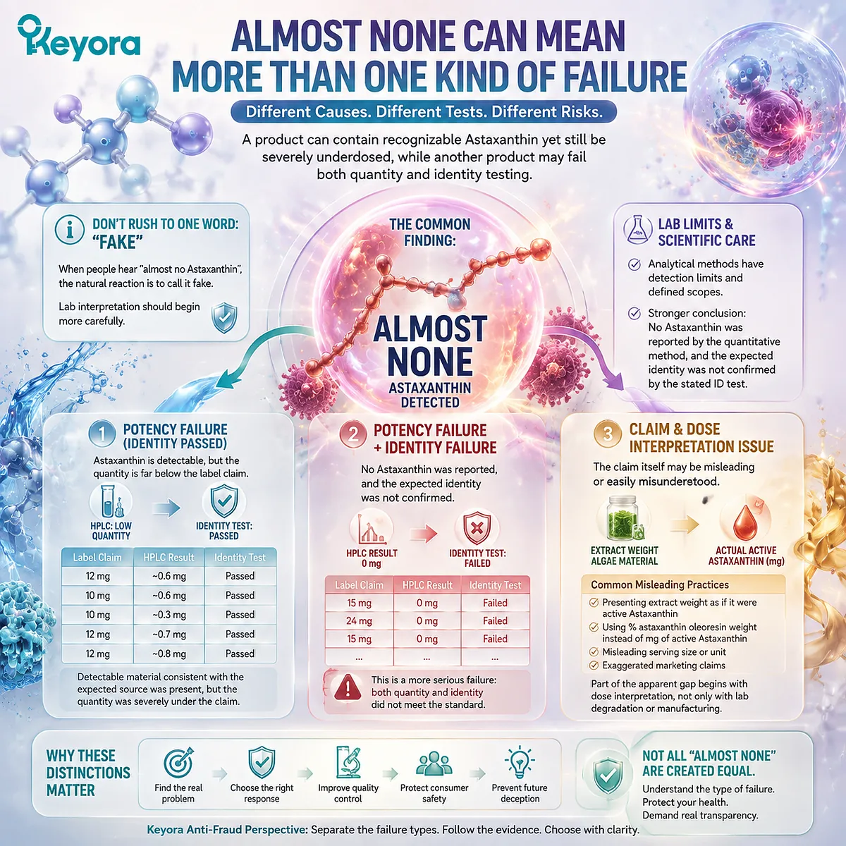 Astaxanthin supplement potency failure analysis explains underdose, identity testing, label claims, and Keyora Potency Failure Map for quality interpretation. Astaxanthin supplement potency failure analysis explains underdose, identity testing, label claims, and Keyora Potency Failure Map for quality interpretation.