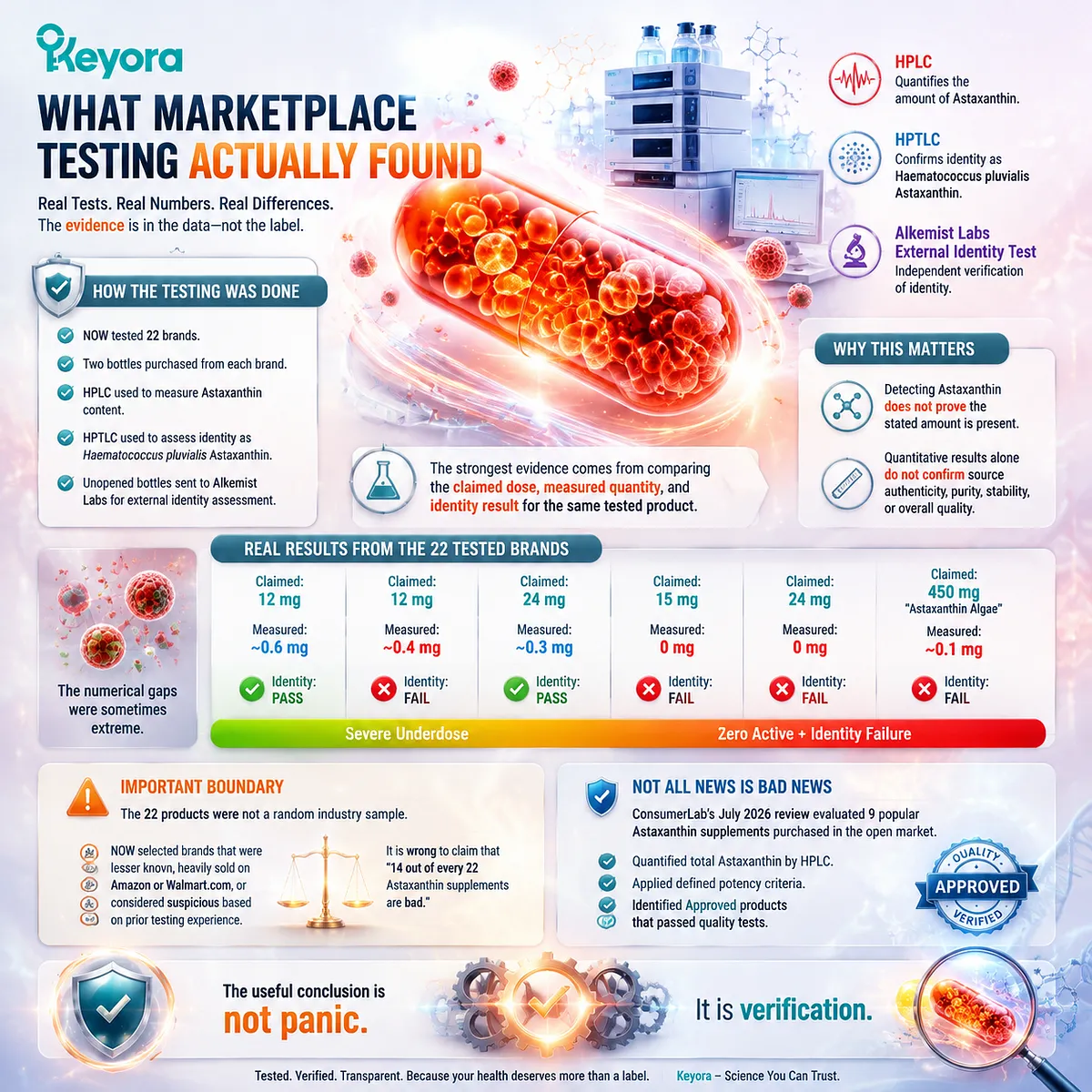 Astaxanthin supplement testing compares claimed dose, HPLC potency, ingredient identity, and quality verification using the Keyora Potency Failure Map framework. Astaxanthin supplement testing compares claimed dose, HPLC potency, ingredient identity, and quality verification using the Keyora Potency Failure Map framework.
