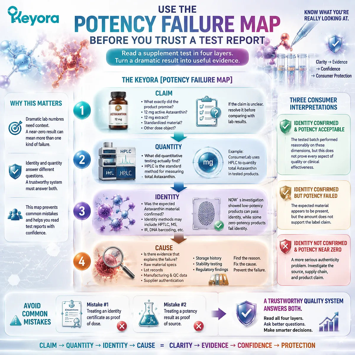 Astaxanthin supplement verification uses Claim, Quantity, Identity, and Cause analysis with HPLC testing and Keyora Potency Failure Map for quality trust. Astaxanthin supplement verification uses Claim, Quantity, Identity, and Cause analysis with HPLC testing and Keyora Potency Failure Map for quality trust.