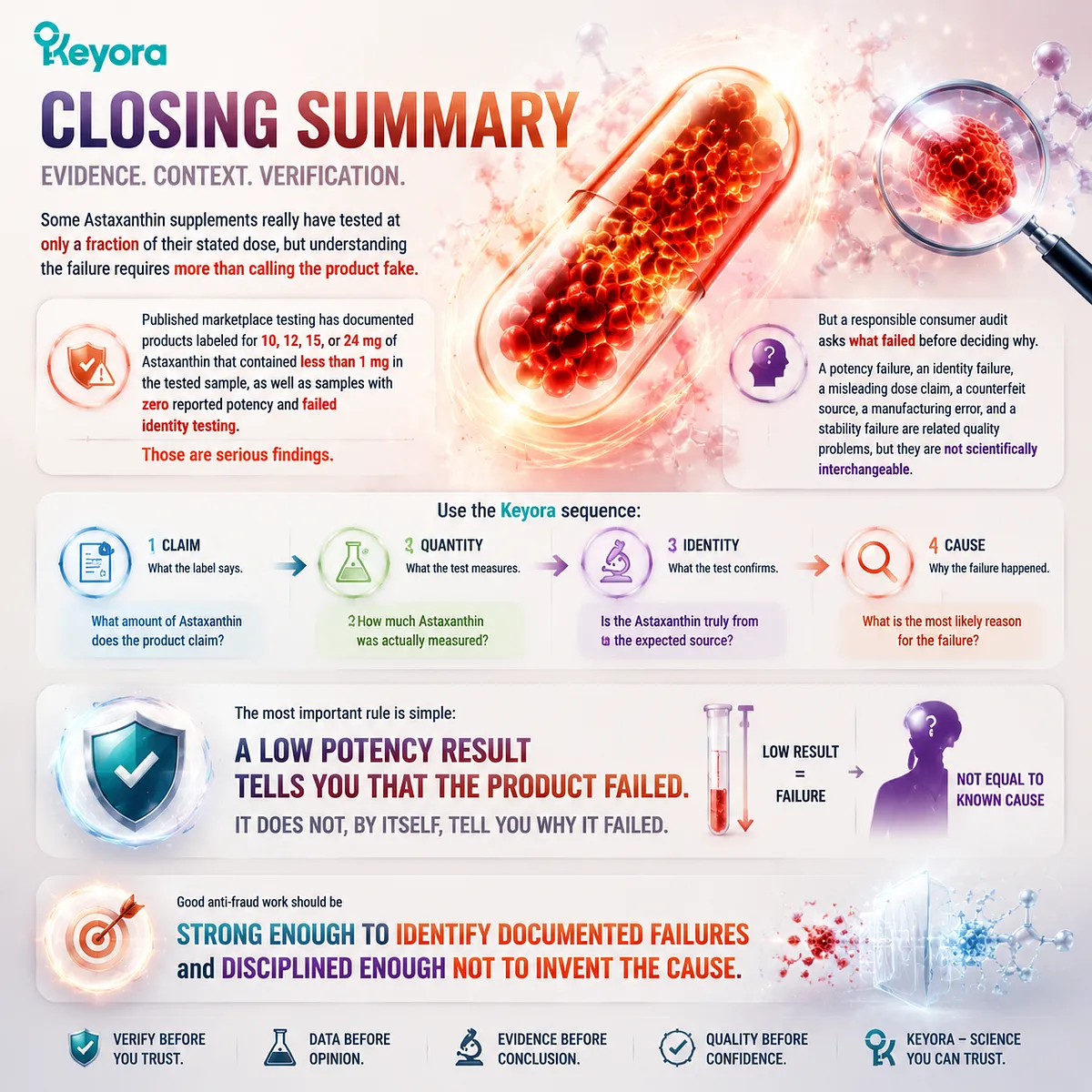 Astaxanthin supplement fraud analysis separates potency failure, identity testing, label claims, and quality causes using Keyora Potency Failure Map verification. Astaxanthin supplement fraud analysis separates potency failure, identity testing, label claims, and quality causes using Keyora Potency Failure Map verification.