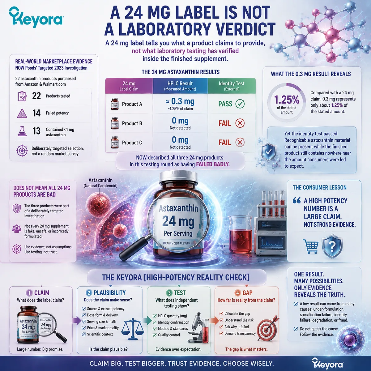 Astaxanthin 24 mg supplement claims require potency verification through HPLC testing, identity assessment, and Keyora High-Potency Reality Check framework. Astaxanthin 24 mg supplement claims require potency verification through HPLC testing, identity assessment, and Keyora High-Potency Reality Check framework.